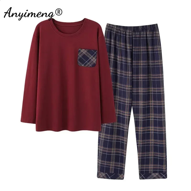 L-4XL Mens Pajamas Set Autumn Winter Knitted Cotton Casual Sleepwear for Man Full Length Pijamas Elegant Male Pyjamas Nightwear 240731
