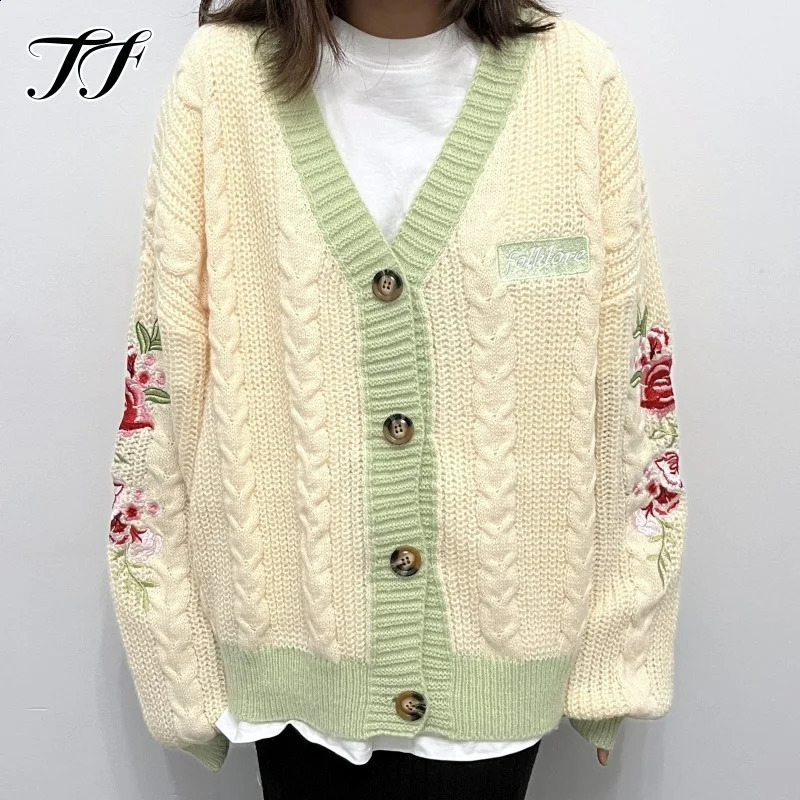 Cardigan de fleur de printemps Femmes brodés Pull en V Verg Verte en V Pull tricoté Tops mode chaude vacances Y2K Cardigans 240731