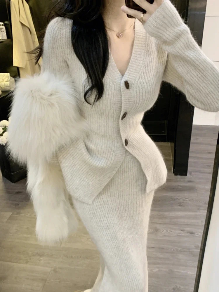Winter Elegant Vintage Two Piece Set Women Solid Knitted Y2k Sweet Skirt Suit Female Korean Fashion Casual Patchwork Set 240731
