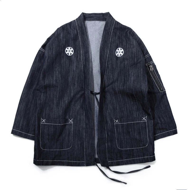 Japan Style Men Thin Denim Kimono Jacket Stand Collar Three Quarter Sleeves Sakura Embroidery Loose Haori With Sleeve Pocket 240731