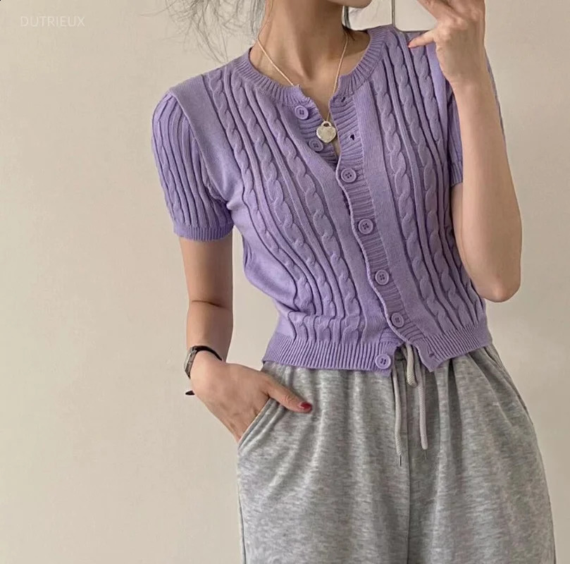 Knitted Sweater Sueters Mujer Green Short Sleeve Cropped Cardigan Vintage Slim Tops Twists Sweaters Women Y2k Clothes 240731