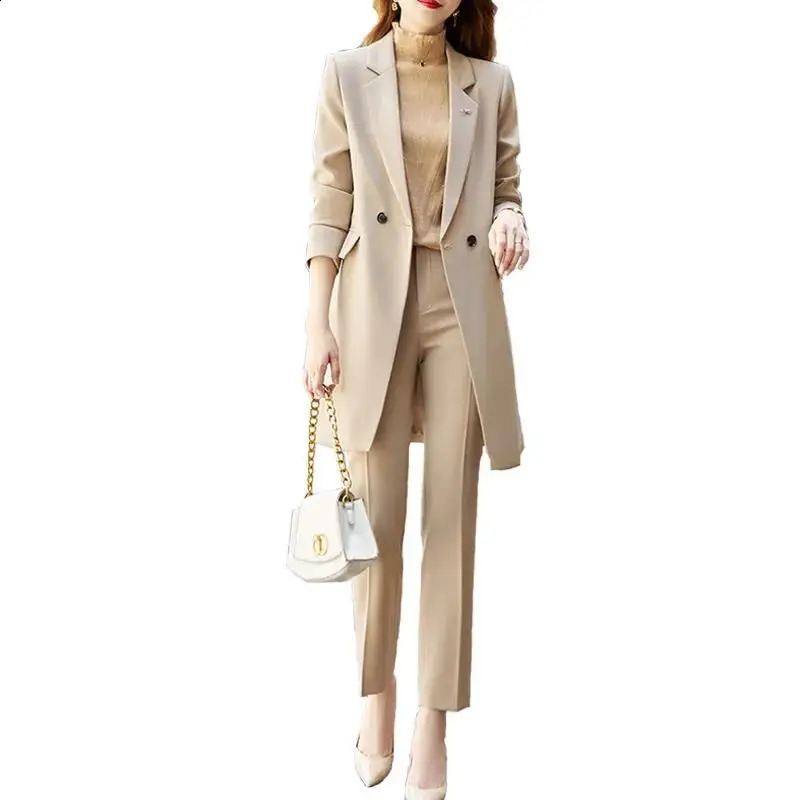 High End Office Professional Womens Blazer Pants 2Piece Set Fall Fashion Long Female Jacket Over Business Suit Casual Trousers 240813