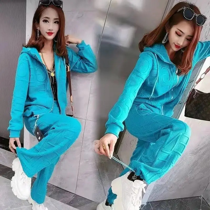 Womens coarse woolen warm sportswear for autumn and winter casual fashionable hoodie long sleeved jacket top pants 2piece set 240730