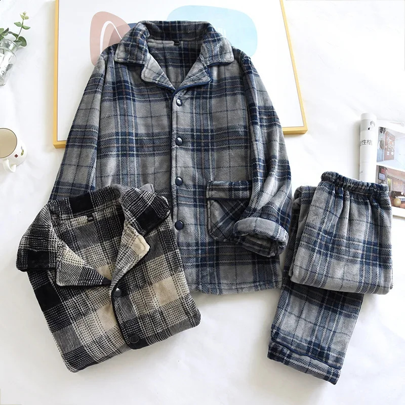 Autumn And Winter Mens Pajamas Long-sleeved Trousers Two-piece Flannel Thickened Warm Home Service Set Plaid Large Size Men 240731