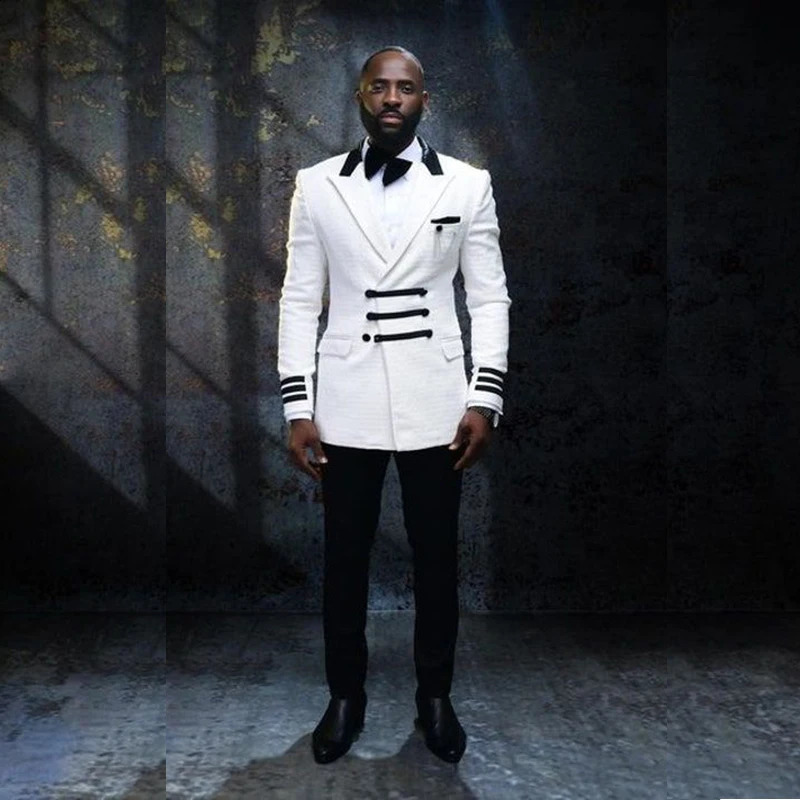 African Mens Set Black and White Double Chest Leather Collar Flip Regular Length Flat Smart Casual 2piece Jacket Pants 240730