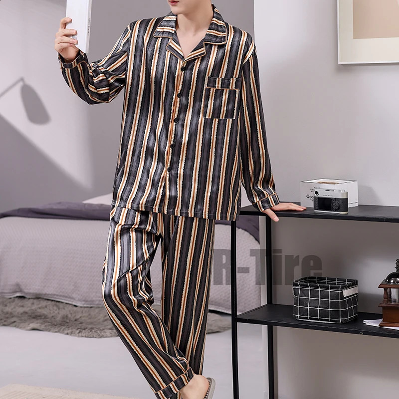 Men de pyjama sets en soie satin pijama collier de sommeil de grande taille de grande taille de nuit à manches longues mâles 2 pièces 7xl 240819