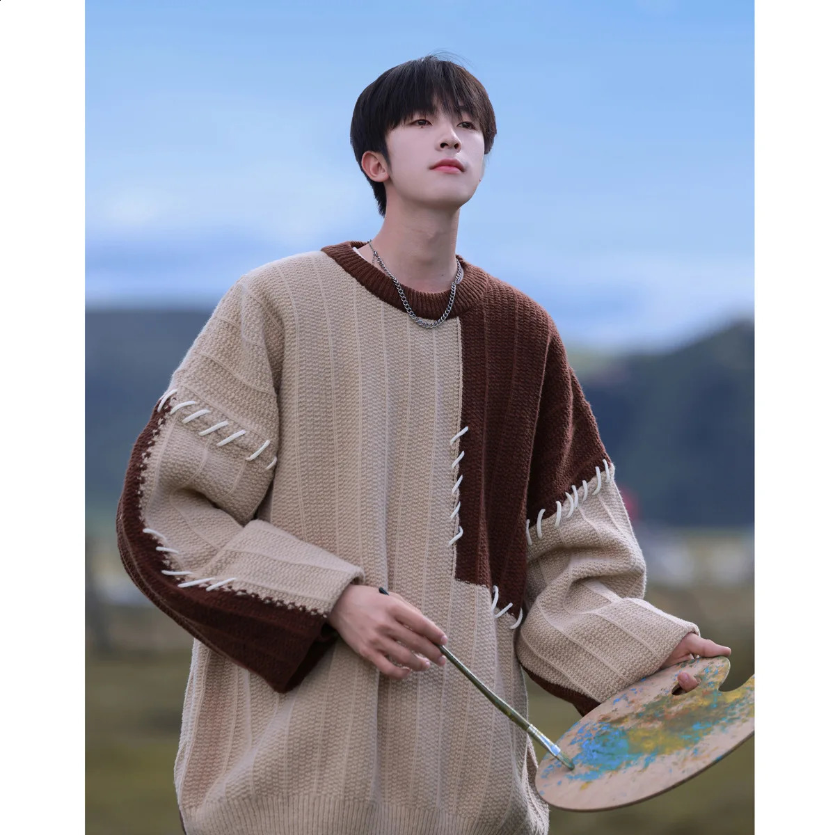Knitted Sweater Men Pullover Oversize Sweaters Male Winter Harajuku Casual Streetwear Patchwork Autumn Hip Hop Spliced 240731