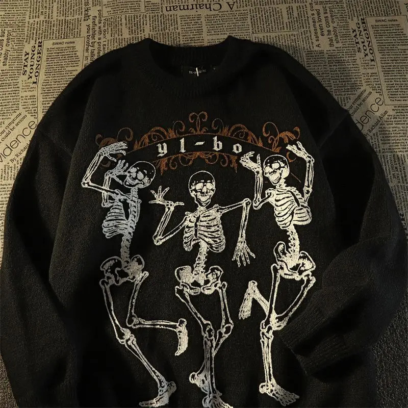 Sweater Hip Hop Skull Extra Large Black Mens and Womens Pullover Fashion Loose Relaxed Retro Street Wear Knitted Top 240731