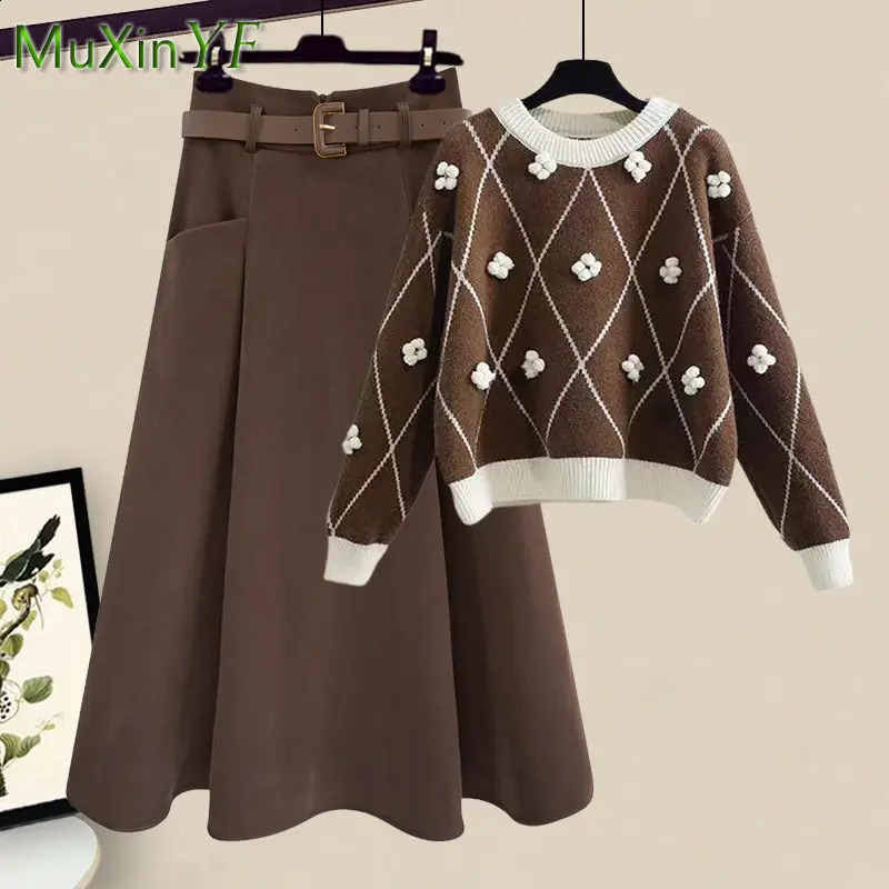 Spring Korean Elegant In Matching Set Womens Vintage Knitted Sweater Half Skirt Two Piece Female Chic Clothing Suit 240731