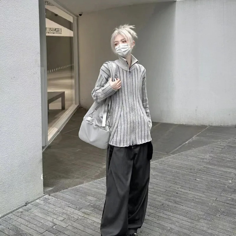 Deeptowm Gray Striped Y2K Women Sweater Vintage Turtleneck Korean Fashion Zipper Knit Cardigan Harajuku Autumn Slim Preppy Style 240731