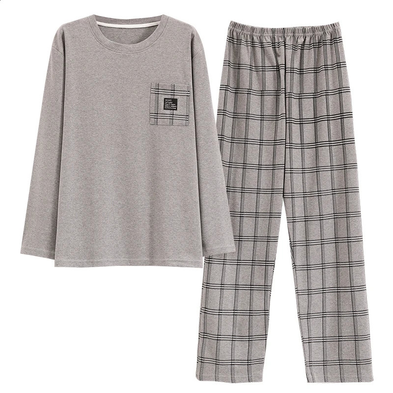 L-5XL Spring and Autumn Knitted Cotton Plaid Pajamas Set Men Long Sleeve Sleepwear Casual Soft Pyjamas Male Home Clothing 240731