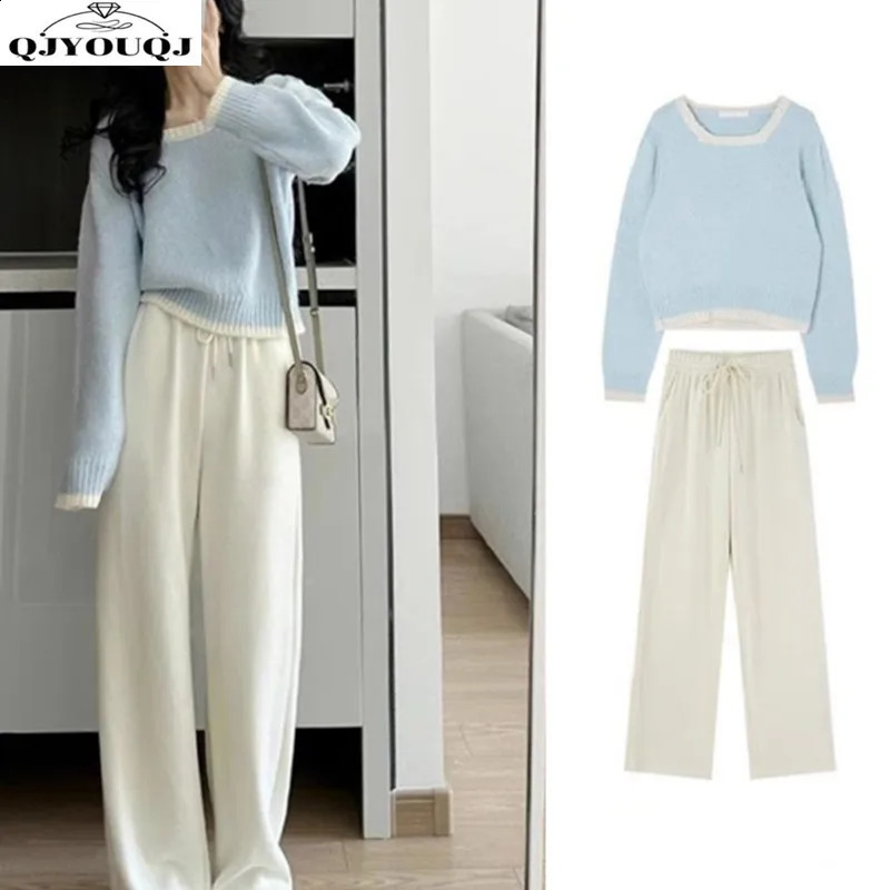 Automne et hiver coréen Femmes Ensemble petit pantalon de la jambe en tricot en tricot bleu parfum