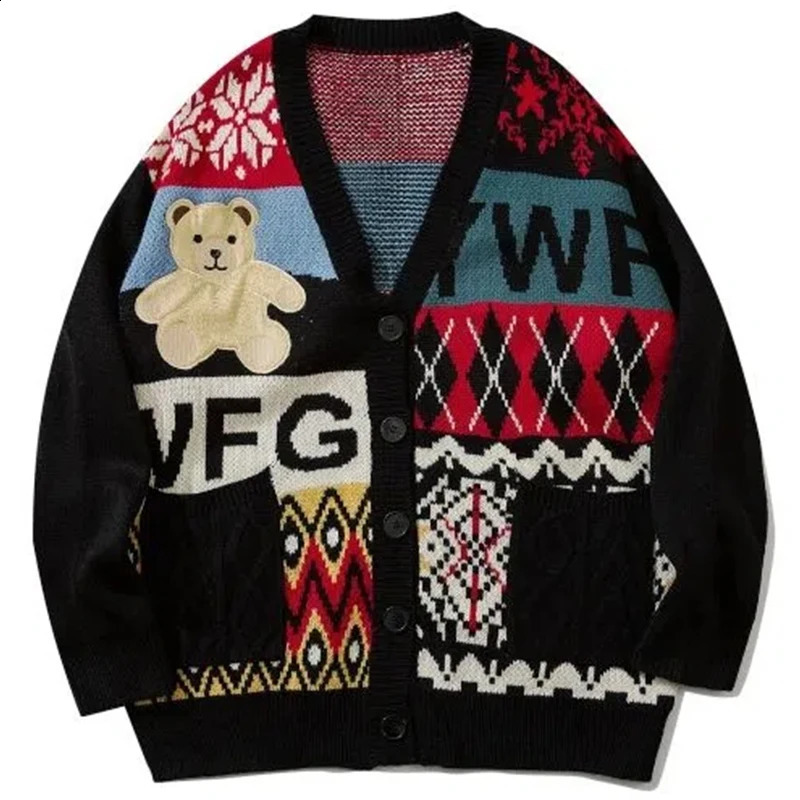 Pull de cardigan de broderie d'ours d'automne pour hommes coréens de mode coréen Hip Hop Foose Femmes Maits de tricots Cartes de cardigans vintag