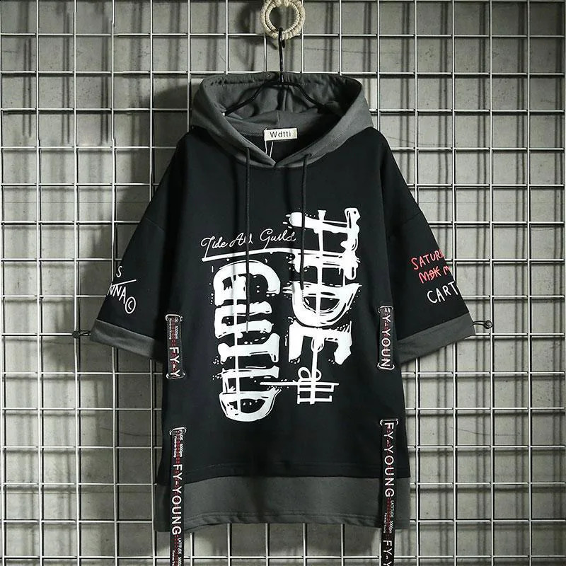 Fashion Graffiti Mens Hoodies T Shirt Summer Techwear Letter Print Casual Streetwear Y2k Hip Sport Anime Men Thin Clothing 240730