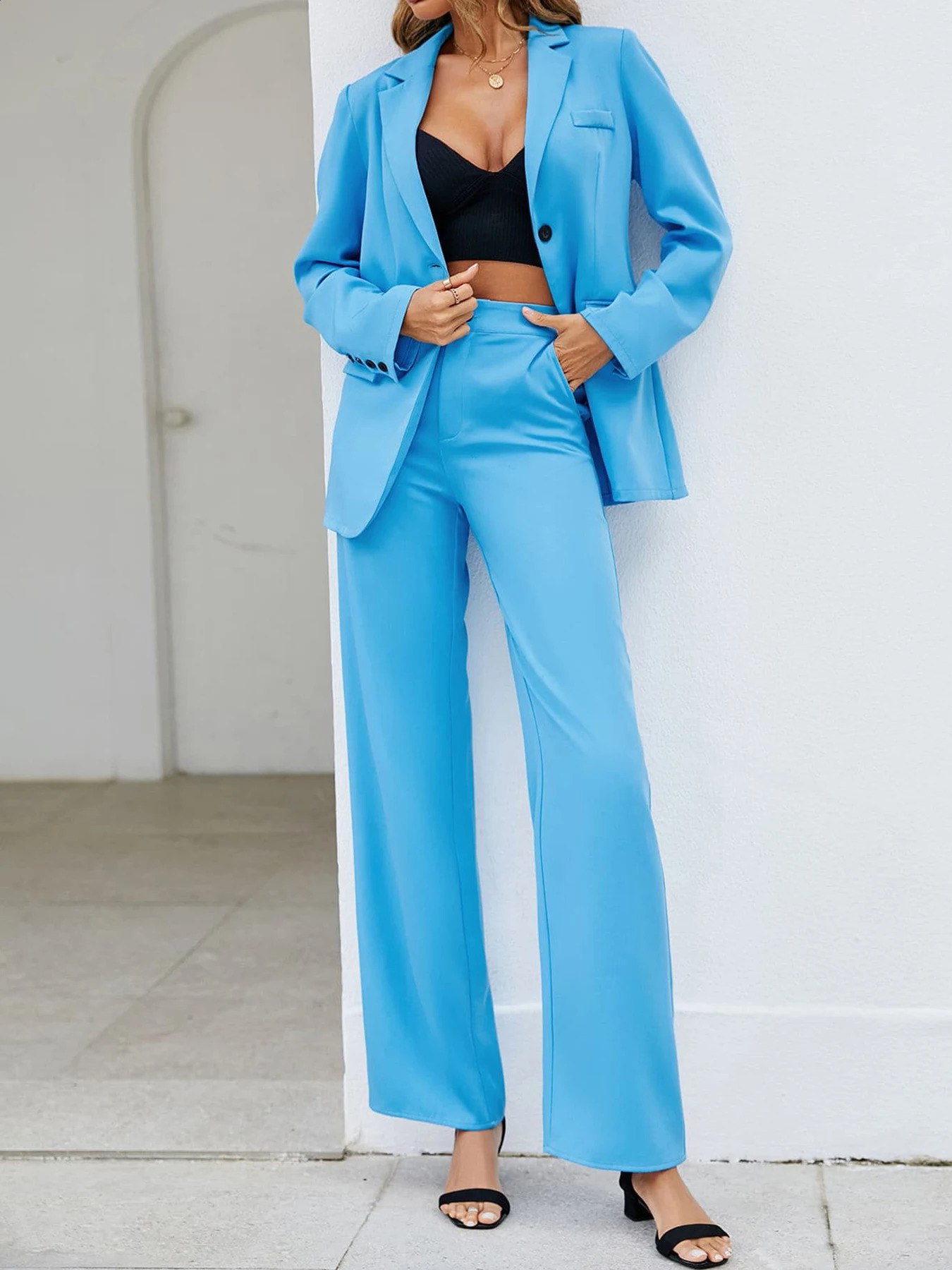 Fashion Femmes Ensembles de deux pièces élégant Couleur solide à bouton à manches longues Blazer à manches longues avec pantalon de jambe large à