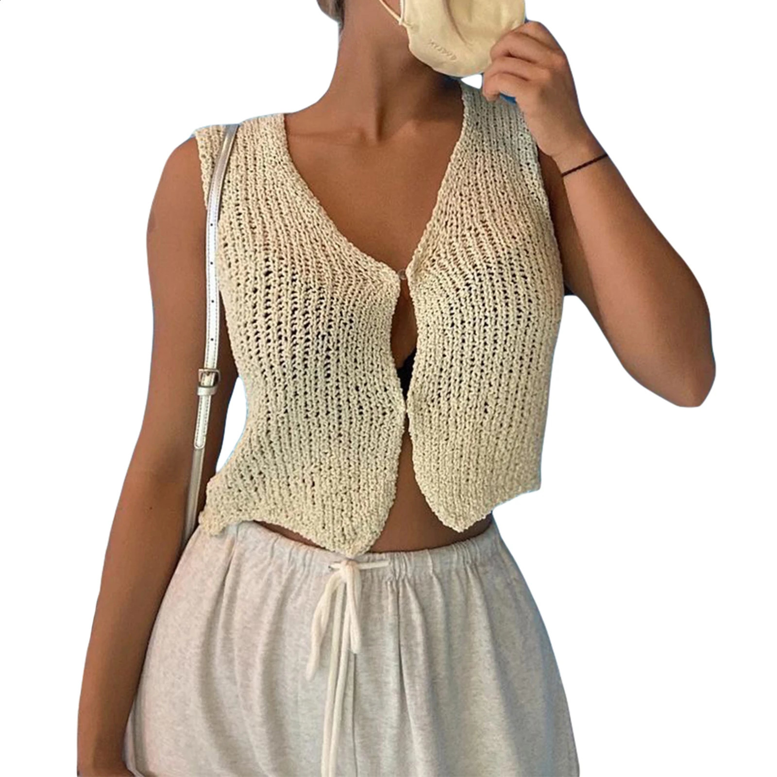 Womens Y2K Aesthetic Knitted Vest Sleeveless V-Neck Solid Color Button Cardigan Spring Summer Party Casual Top 240731
