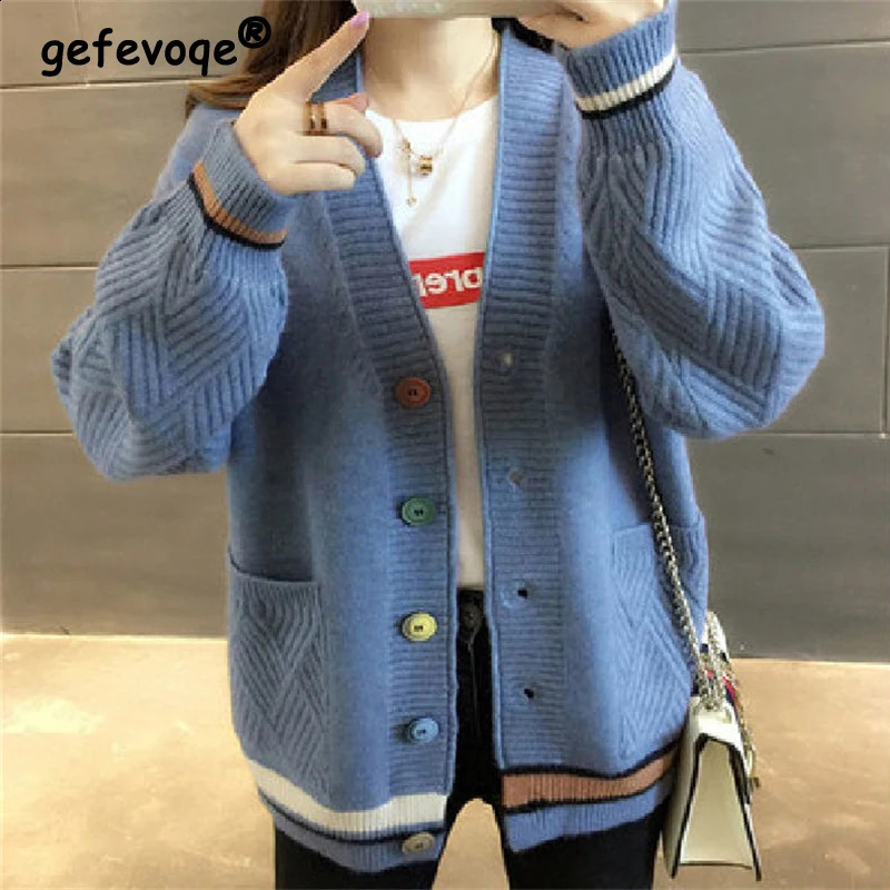 Womens Korean Casual Streetwear Y2K Pockets Button Knitted Cardigan Autumn Winter Trendy Chic V Neck Long Sleeve Sweater Coats 240731