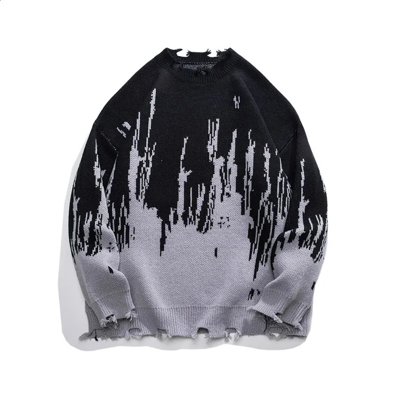 Fashion Mens Sweaters Tie-dyed Contrast Graffiti Hip Hop Clothing Cut Broken Knit Pullovers Oversize Streetwear Jumper for Man 240731