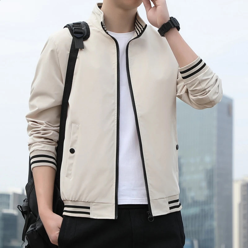 2024 Coat Mens Trendy Slim Fit Top Spring and Autumn Leisure Standing Collar Youth Striped Jacket 240816