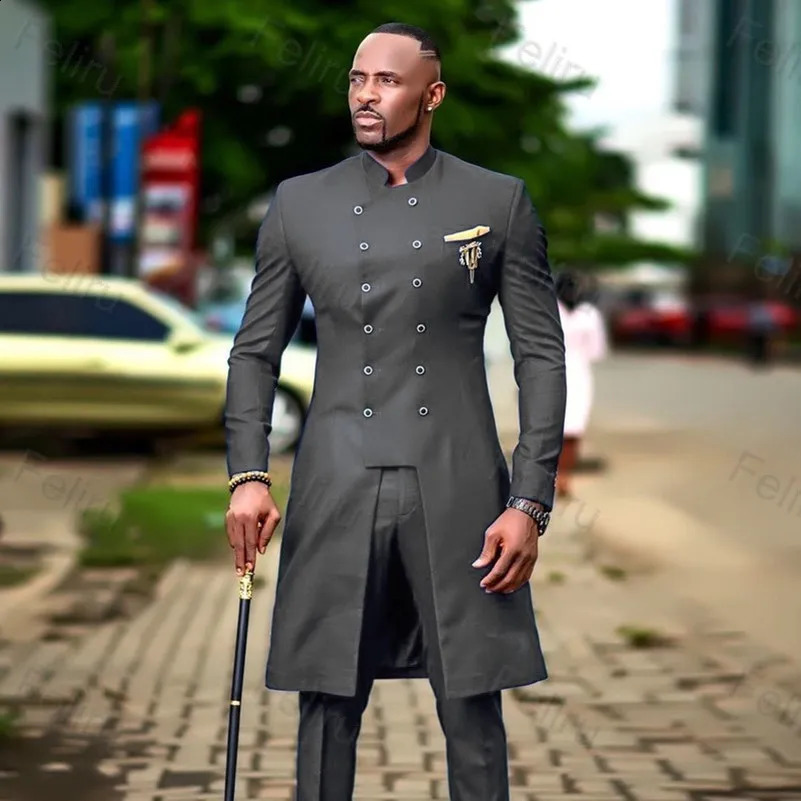 2024 Classic Dark Grey Mens Wear Ultra Thin Suitable for Wedding Set Groom Evening Dress Africa Double Chest Jacket 240730