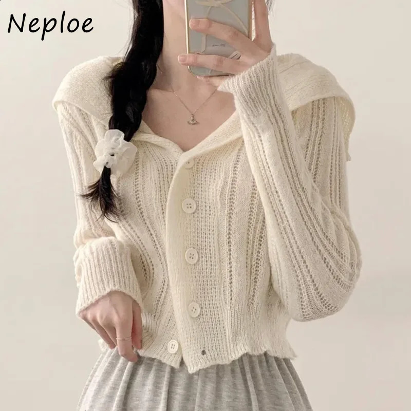 Neploe Vintage Sailor Collar Cardigan Feminino Single Breasted All-match Sweaters Mujer Y2k Long Sleeve Knitted Tops Women 240731