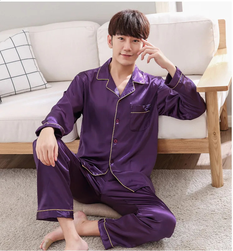 Vêtements de nuit pour hommes violets 2pc pantalons de chemise de sommeil ensembles de pyjamas printemps automne et chemise de nuit en soie