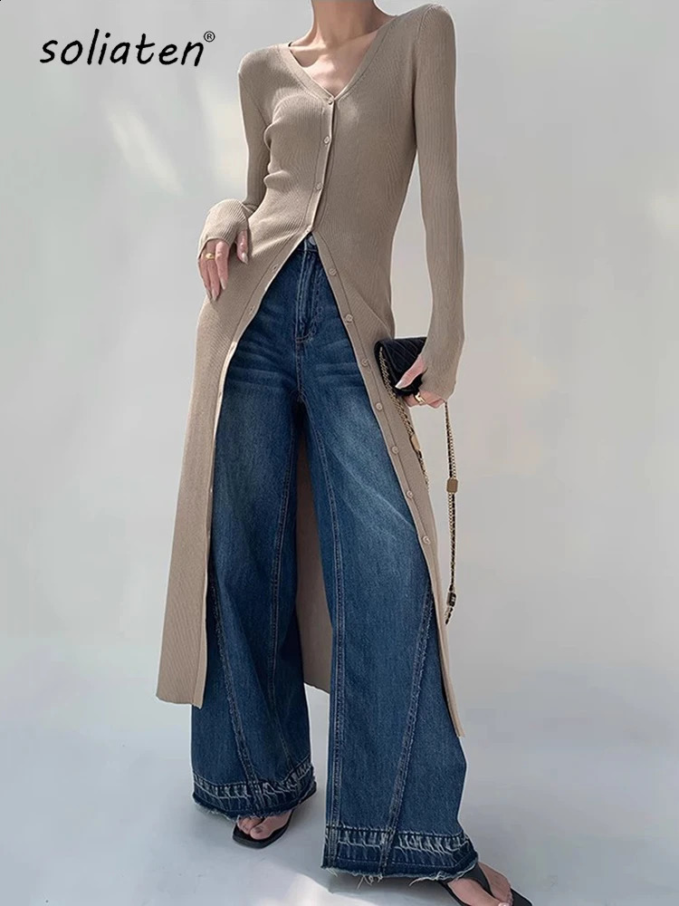 Printemps Y2k Fashion noir Simple Long Slim V-Nuck Twards en tricot épais pour les femmes Cardigan à manches longues à manches longues C-226 2407