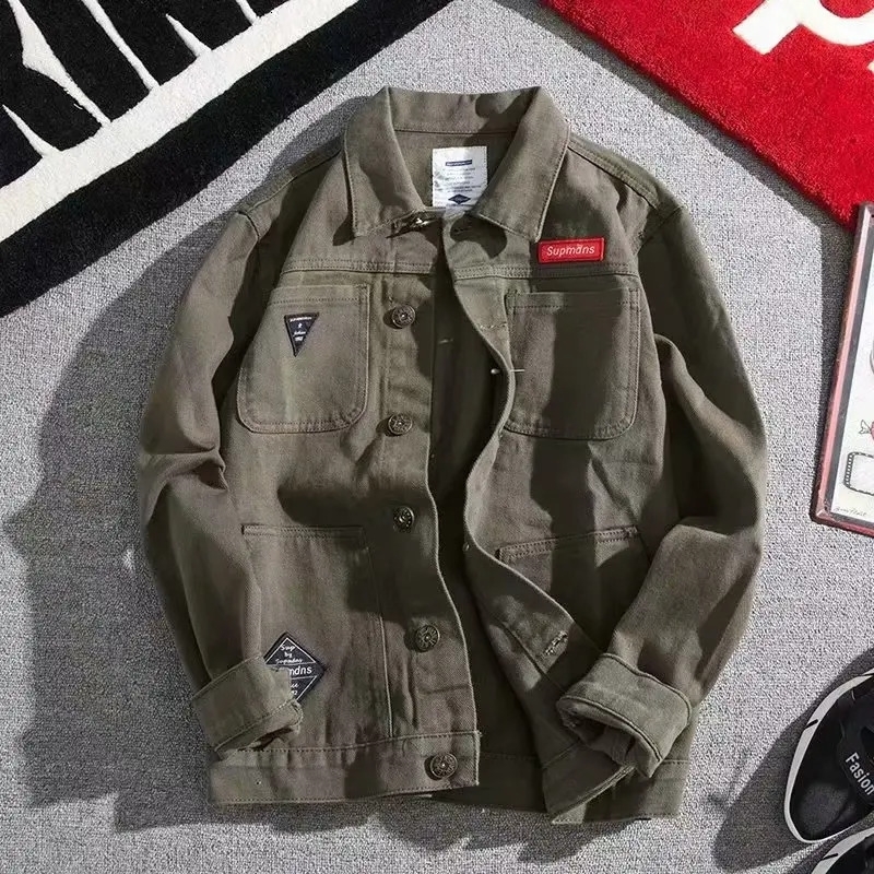 Autumn Trendy Mens Denim Jacket Loose-fit Workwear Casual Hong Kong Style Lapel Top For Men Fashionable Regular Length240730