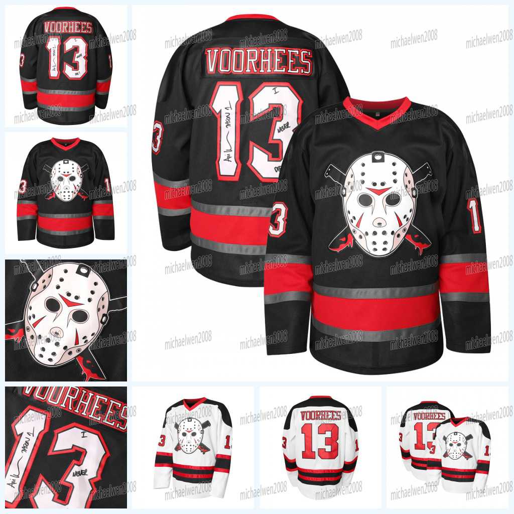 In stock 13 Jason Voorhees Signature Black White Ice Hockey Jersey Men's Friday The 13th Movie Jerseys Halloween Horror Shirt Long sleeves Embr