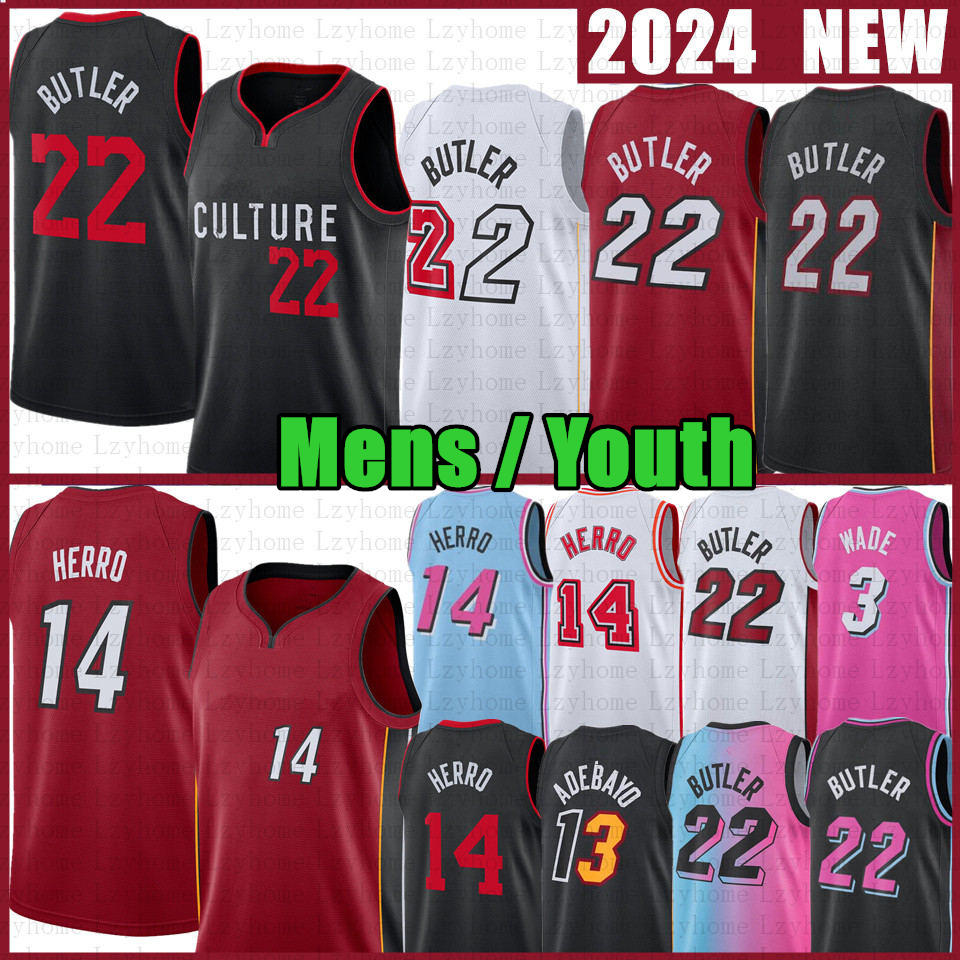 Mens Youth Jimmy Butler Tyler Herro Basketball Jersey Bam Adebayo Dwyane Wade Caleb Martin 2023 2024 City Pink Blue Black Jerseys Red White Shirt 22 14 3 13 