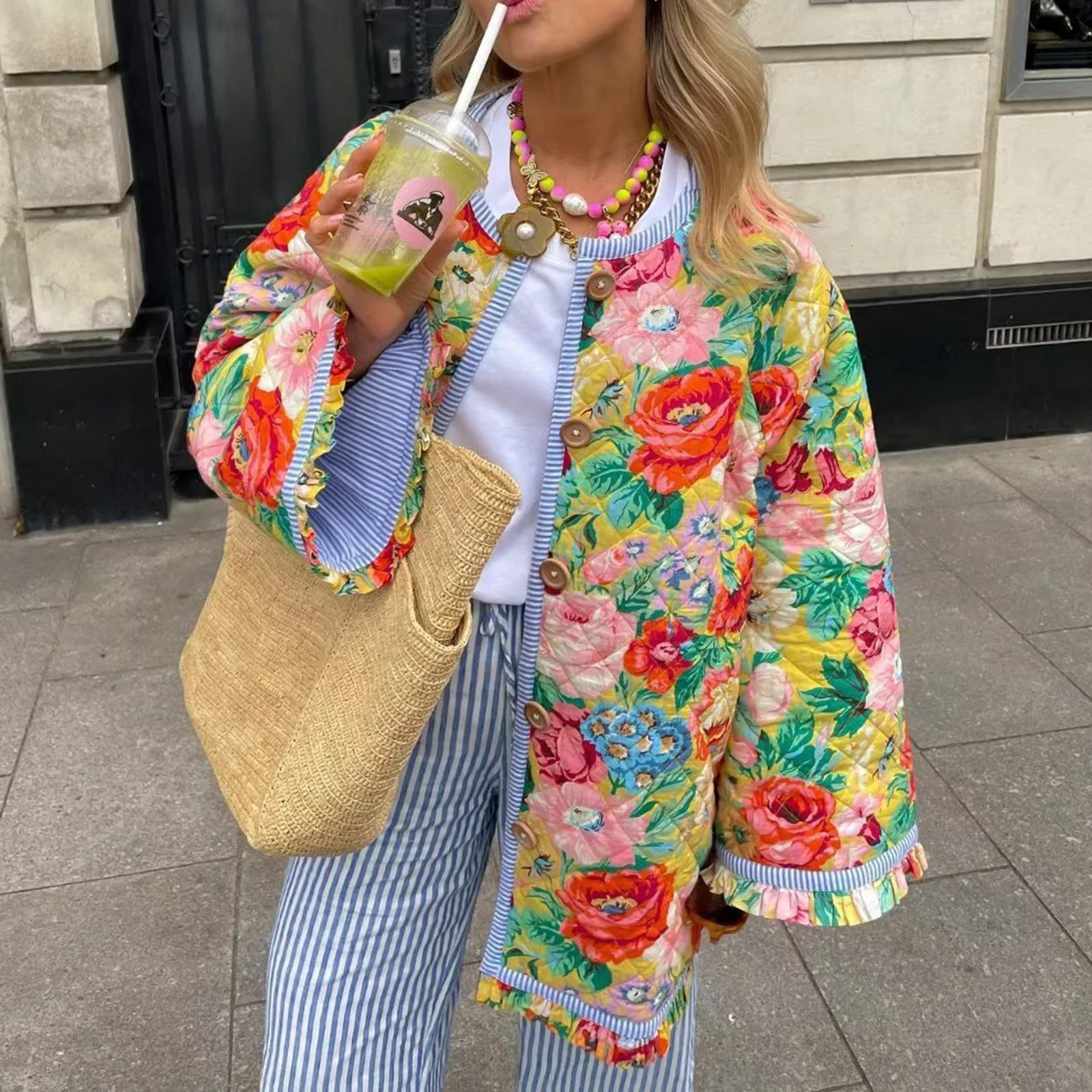 Combhasaki Women Y2K Vintage Aesthetic Loose Quilted Jacket Floral Print Button Down Long Sleeve Parkas Padded Coat Warm Outwear 241031