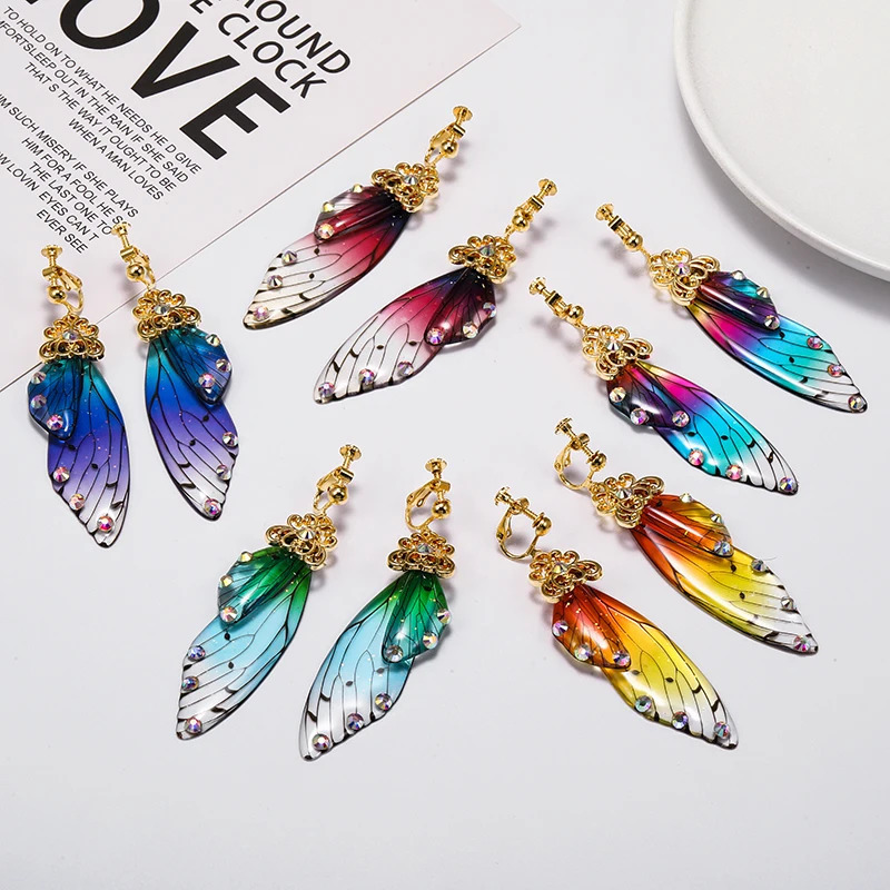 Handmade Fairy Simulation Wing Clip on Earrings Insect Butterfly Non Pierced Ear Clips Romantic Bridal Jewelry 241031
