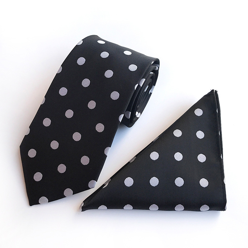 8 cm Mens Classic Tie Jacquard Woven Black White Polka Dot Necktie Hanky Sets for Man Wedding Business Party Gravata