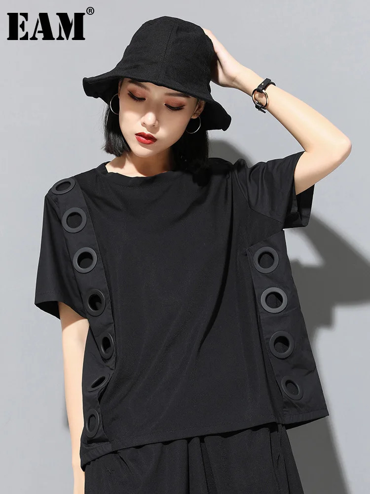 Womens Black Hollow Splicing Casual Large T-shirt Round Neck Short Sleeve Fashion Trend Spring/Summer 1DF4780 241031