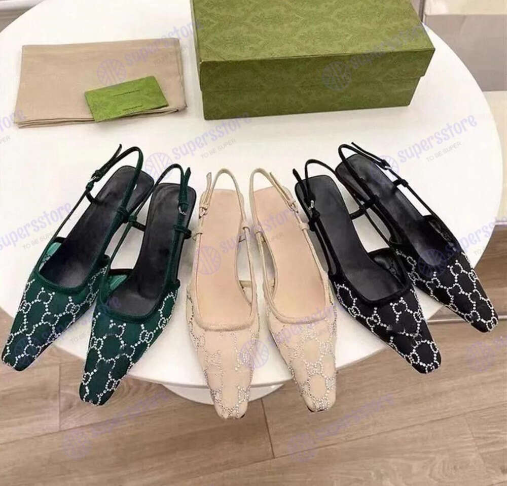 Dress Shoes Slingback Sandals Lace up shallow cut Mid Heel Black mesh with crystals sparkling Print Rubber Leather summer Ankle Strap Slippers 35-image-958945944