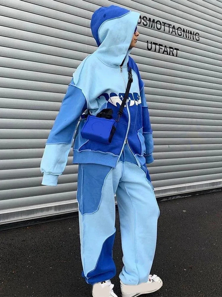 Male Patchwork Vintage Zip Hoodies Coat Slacks 2 Piece Set Men Wide Leg Trouser Hooded Sweatshirt Suits Punk Jacket Tracksuit 241031
