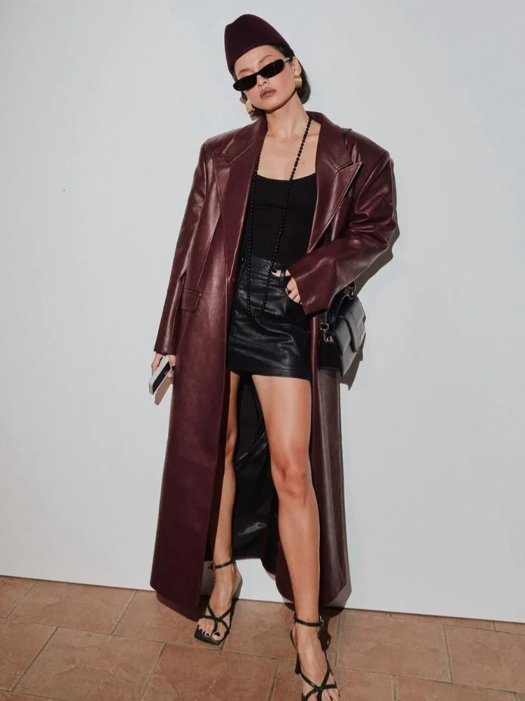 retro red oversized Pu leather trench coat for women fashionable lapel long sleeved button up coat autumn and winter womens streetwear 241031