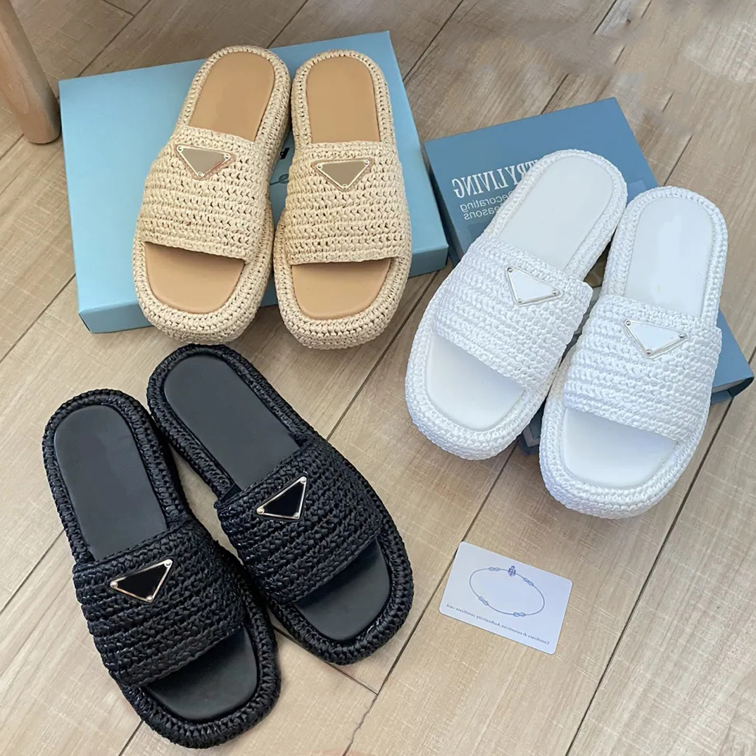Summer Womens Sandal Straw Weave Sandale Platform Slippers Gladiator Sandels Black White Pool Slides Leather Fashion Woman Beach Shoes 