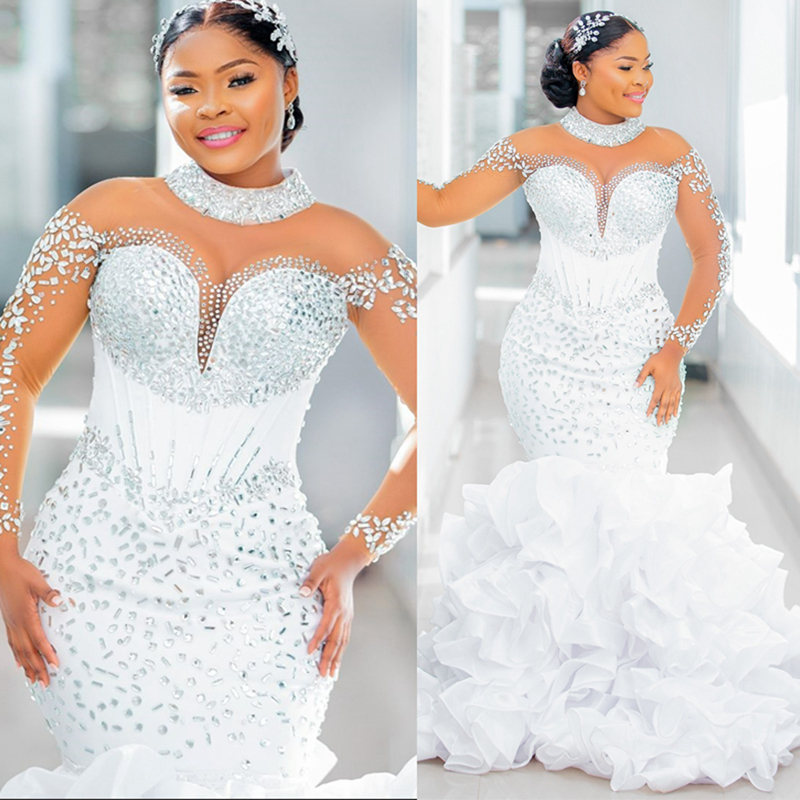 2024 Robe de Mariée Sirène Grande Taille Africaine pour Mariée Col Haut Illusion Manches Longues Volants Plissés Strass D389 Femme Noire