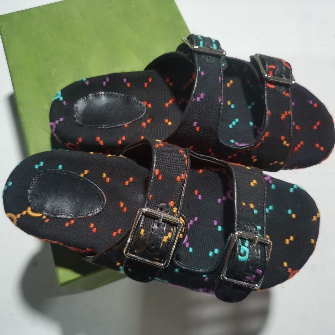Multicolor Flat Slippers Sandals With 2 Straps Lady Fashion Metal Buckle Beach Slides Men's lace-up Scuffs For Summer-image-959264696
