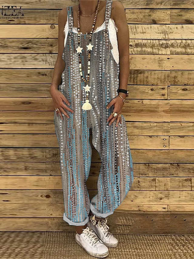 Women's Jumpsuits Rompers Womens Summer Boho Overalls Bohemian Spaghetti Strap Cami Jumpsuit Ruffled Loose Long Pants Romper Loose Fit Plays-image-937961679