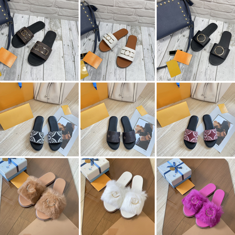 Luxury Designer Slippers Lock It Women Slippers Leather Sandals Fashion Ladies Beach Flats shoes fuzzy slipper Plush slippers with metal accessor-image-959265958