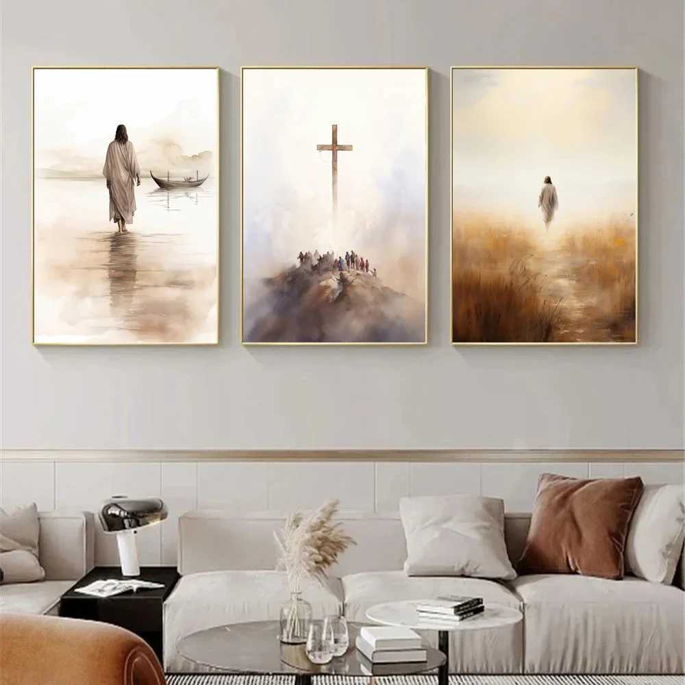 Jesus Walking on Water Watercolor Art Printing Religious Poster Cross Christ Decoration Beautiful Canvas Painting Y241104-image-1030460755