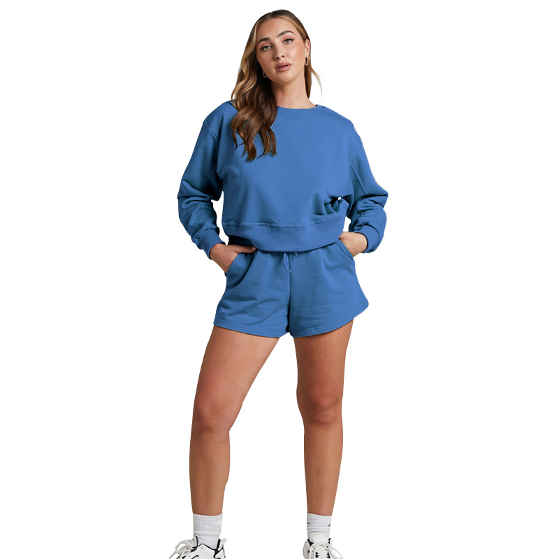 O167 Womens Sports Sweatshirt Shorts Set Loose Gym Fitness Outfits Yoga Long Sleeve Running Casual Shorts Set