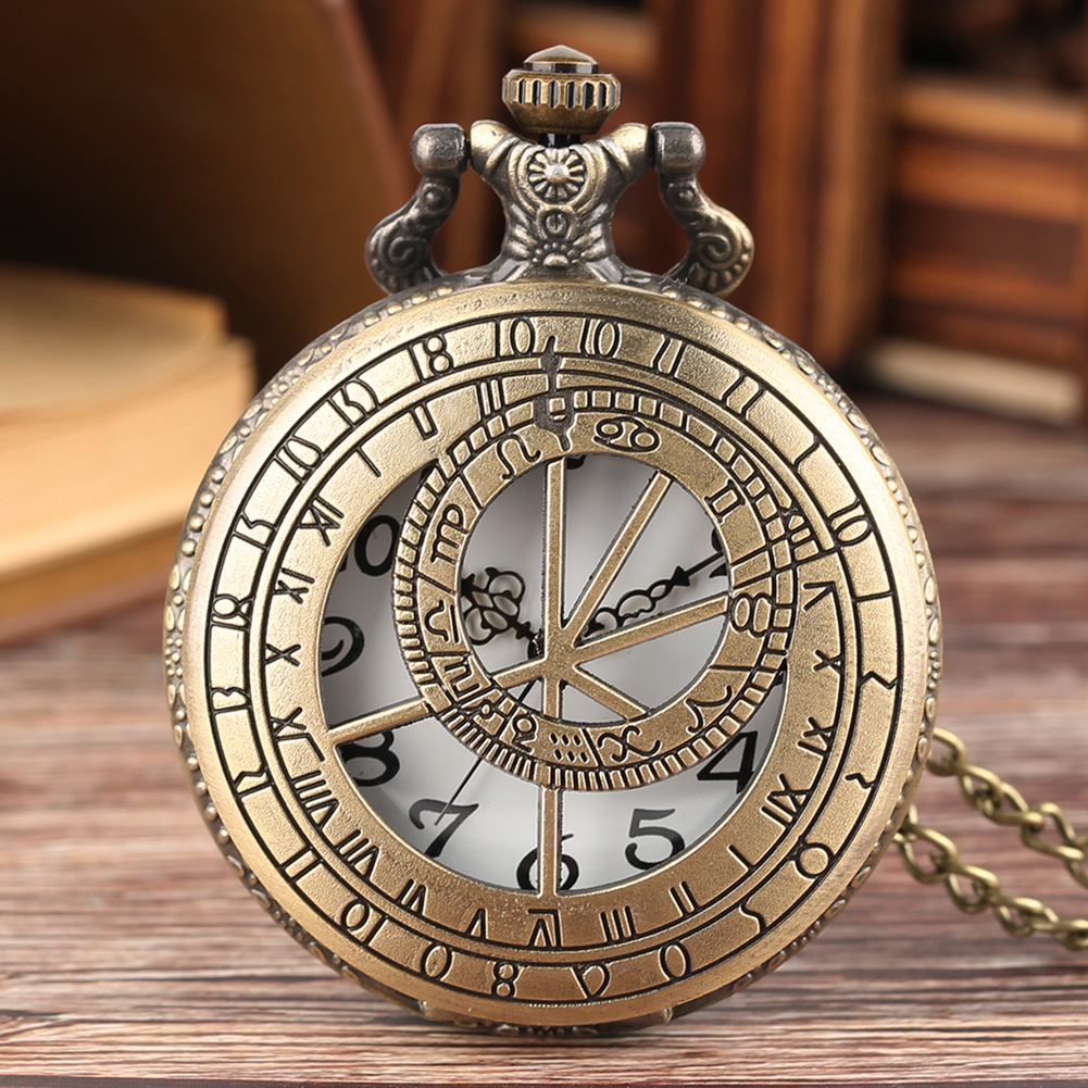 Zodiac Compass hollow out Pattern Bronze Retro Quartz Pocket Watches Men Women Necklace Watch Antique Pendant Gifts