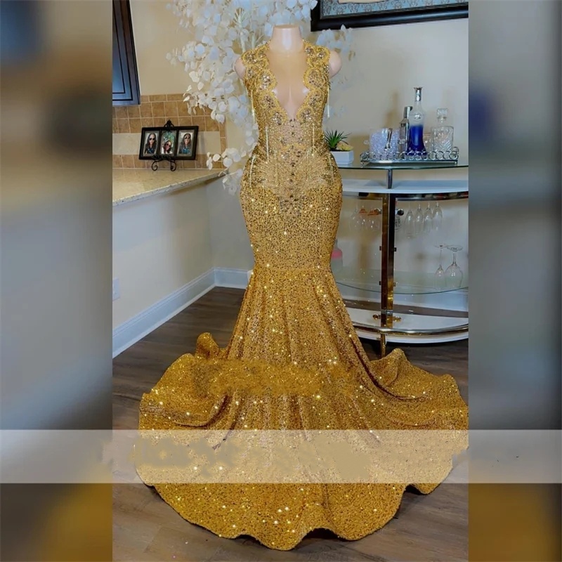 Robes de bal en strass dorées étincelantes pour filles noires Péquettes à perles de cristal Tassels plus taille de fête de fête de taille