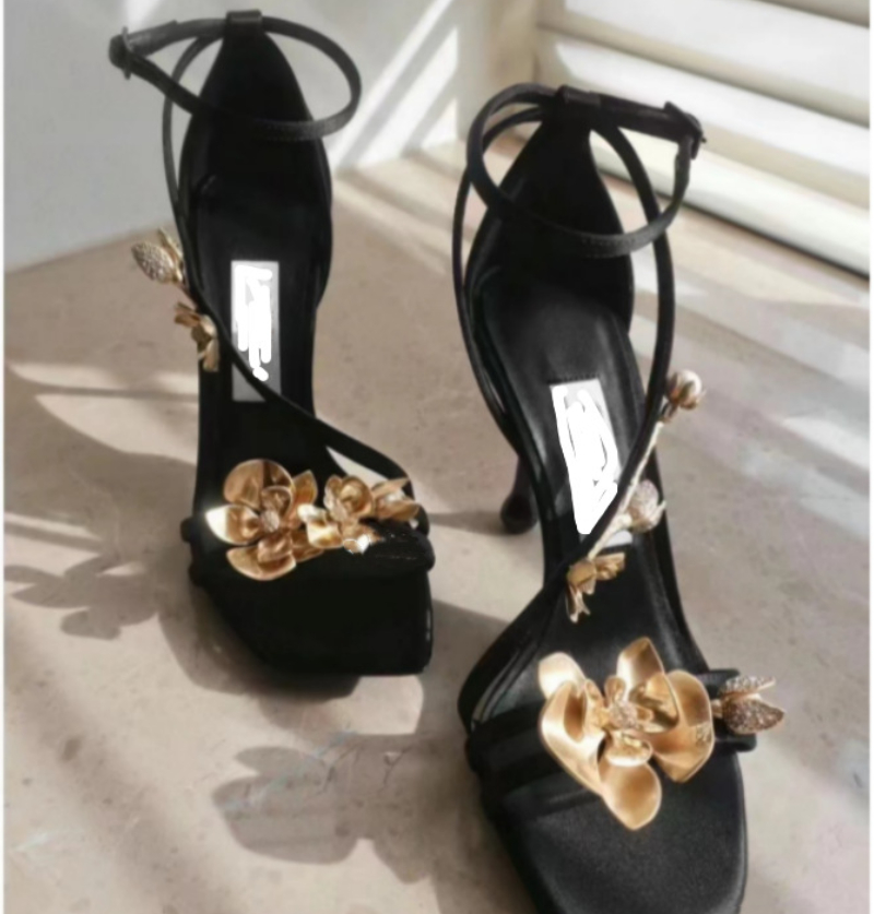 Brand Women&#039;s Sandals Stiletto Heels Sandals Gold Flower Sexy Banquet Shoes-image-979368393
