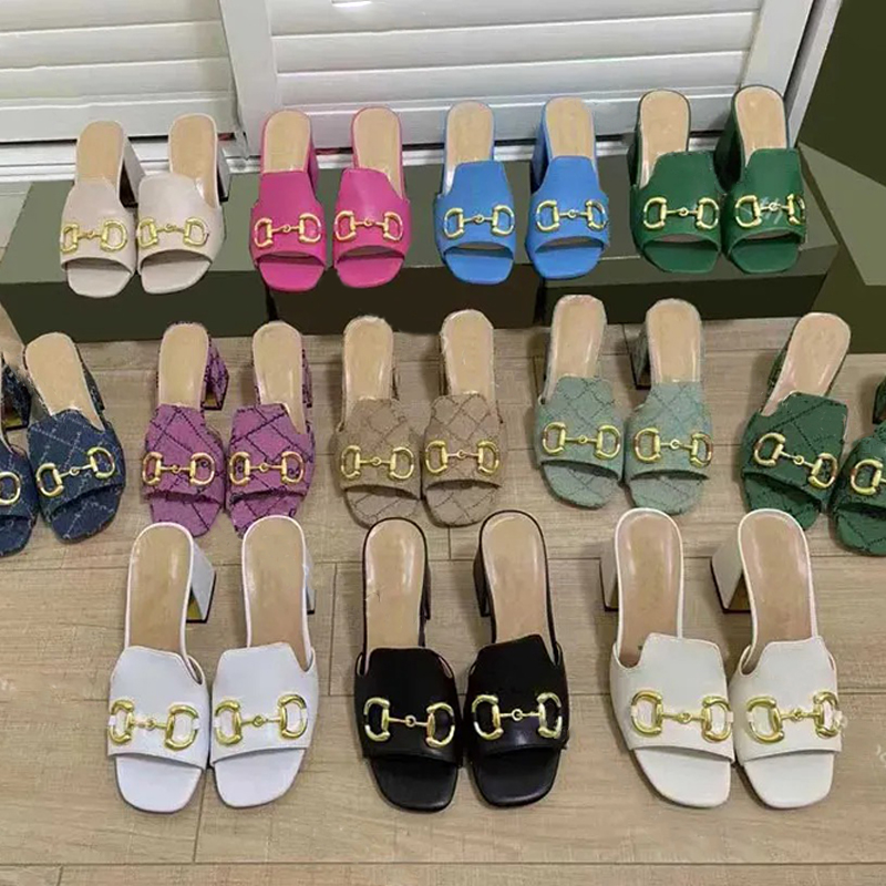 Newest Women High Heel Sandal Slippers Metal Buckle Slipper Luxury Mid-heel shoes Pumps Retro Block Heel Gold-Toned Square Open Toe Ladies Design-image-926220031