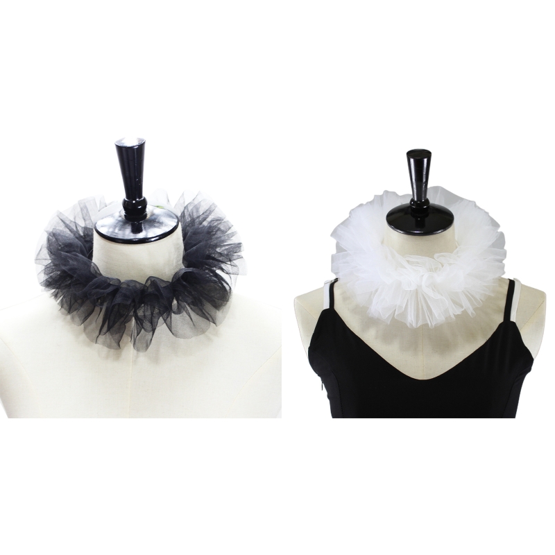652F Women Renaissance Tulle Fluffy Ruffled Fake Collar Vintage Layered Mesh Small Neck Ruff Lace-Up Decorative Clown Choker