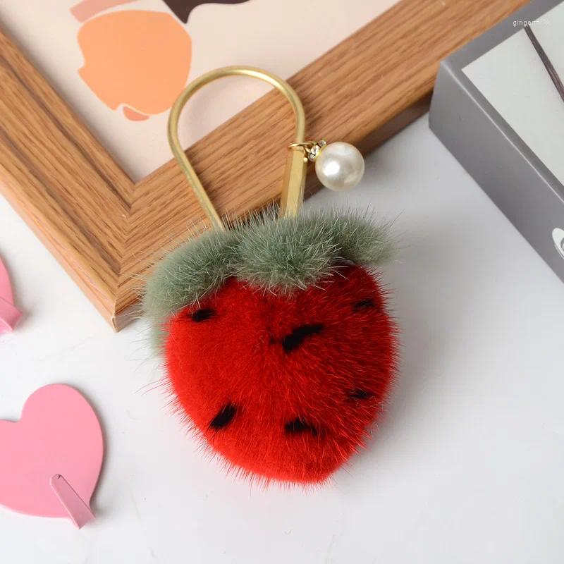 Keychains Luxury Real Mink Fur Strawberry Keychain Cute Hair Charm Keyring Women Bag Purse Ornament Emo Trinket Accessories Gifts-image-959755094